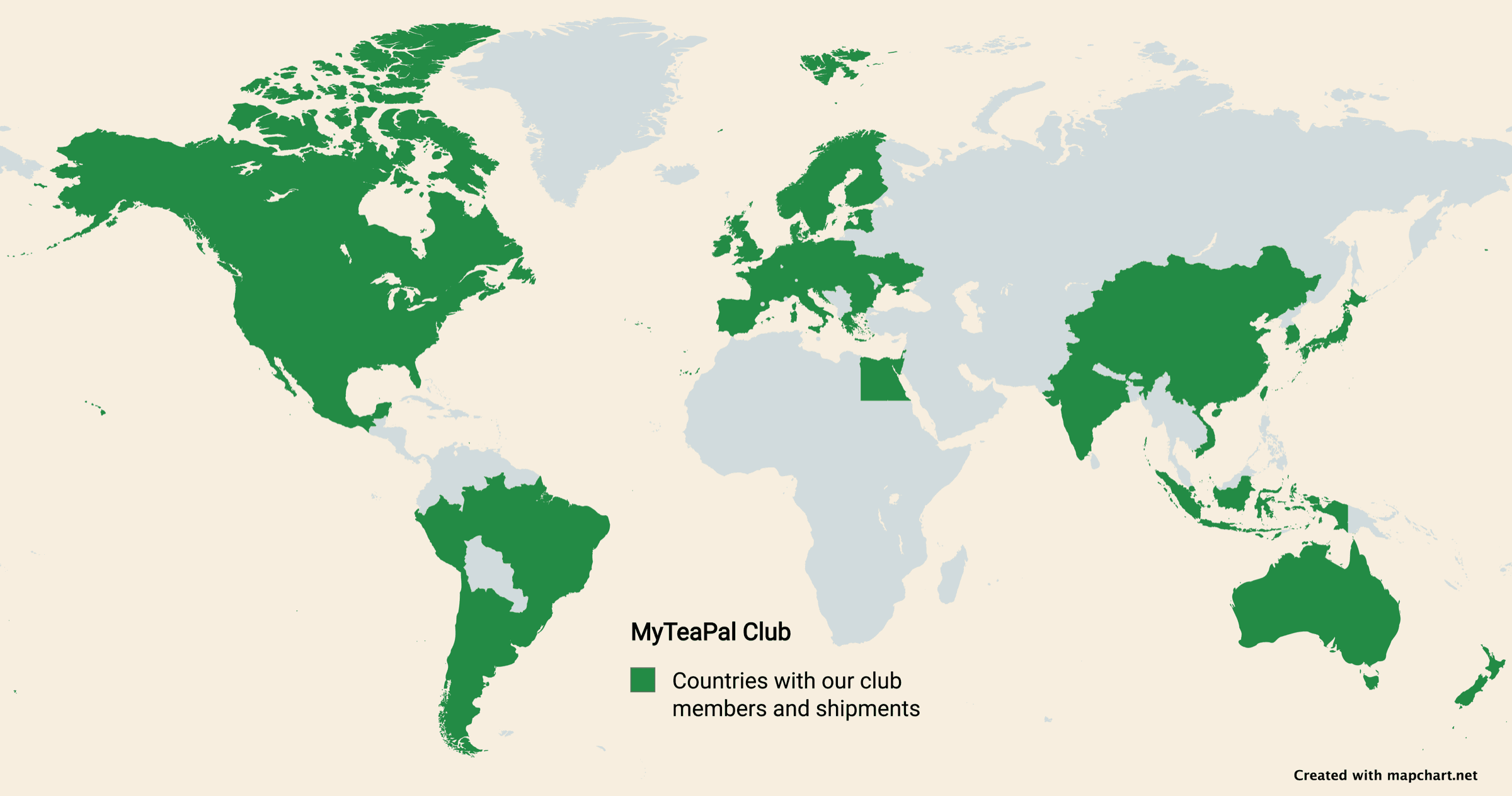 World map highlighting the 50+ countries MyTeaPal Club has shipped to